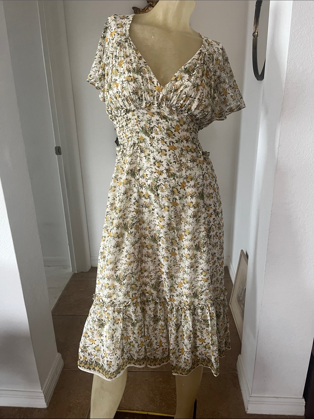 Pretty Max Studio Cream Midi Dress with Yellow & Green Floral Print